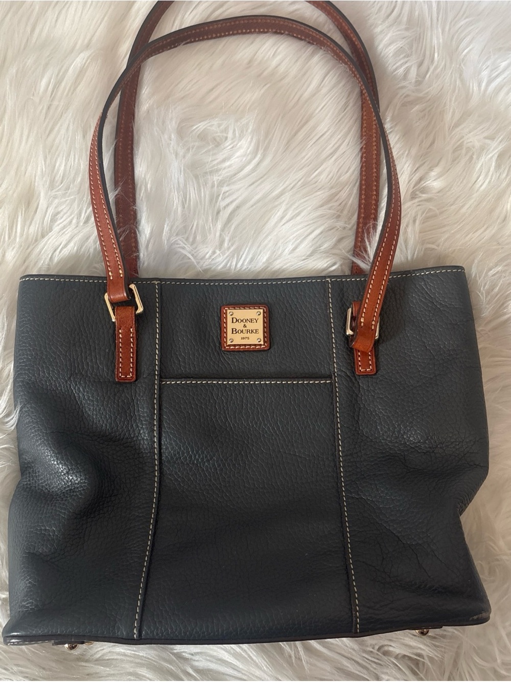 Dooney & Bourke Black Leather Tote with Brown Trim and Handles